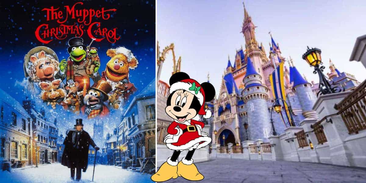 The Muppet Christmas Carol poster alongside Minnie Mouse posing in front of Disney World's enchanting, Christmas-themed castle adorned with festive lights and decorations.