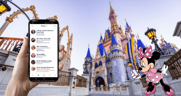 A guest at Disney explores dining reservations on the My Disney Experience app, with Cinderella Castle and Minnie Mouse appearing in the magical background.