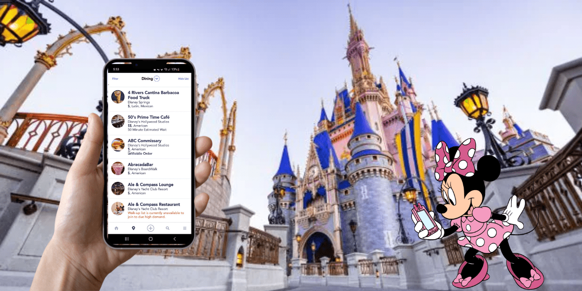 A guest at Disney explores dining reservations on the My Disney Experience app, with Cinderella Castle and Minnie Mouse appearing in the magical background.