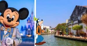 Mickey Mouse greets excited fans at Disney Malaysia, while Goofy enjoys a relaxing stroll beside a scenic canal surrounded by charming buildings and lush greenery.