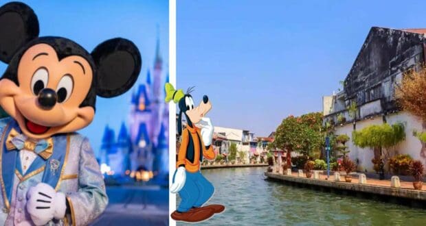 Mickey Mouse greets excited fans at Disney Malaysia, while Goofy enjoys a relaxing stroll beside a scenic canal surrounded by charming buildings and lush greenery.