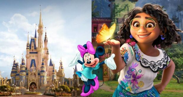Cinderella Castle sets the scene as Minnie Mouse and Mirabel from Encanto, holding a butterfly, come together for a magical Disney World meet and greet experience.