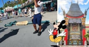 A fallen lamppost at Disney’s Hollywood Studios, with cast members responding nearby, Mickey Mouse making an appearance, and the iconic Chinese Theatre in the background.