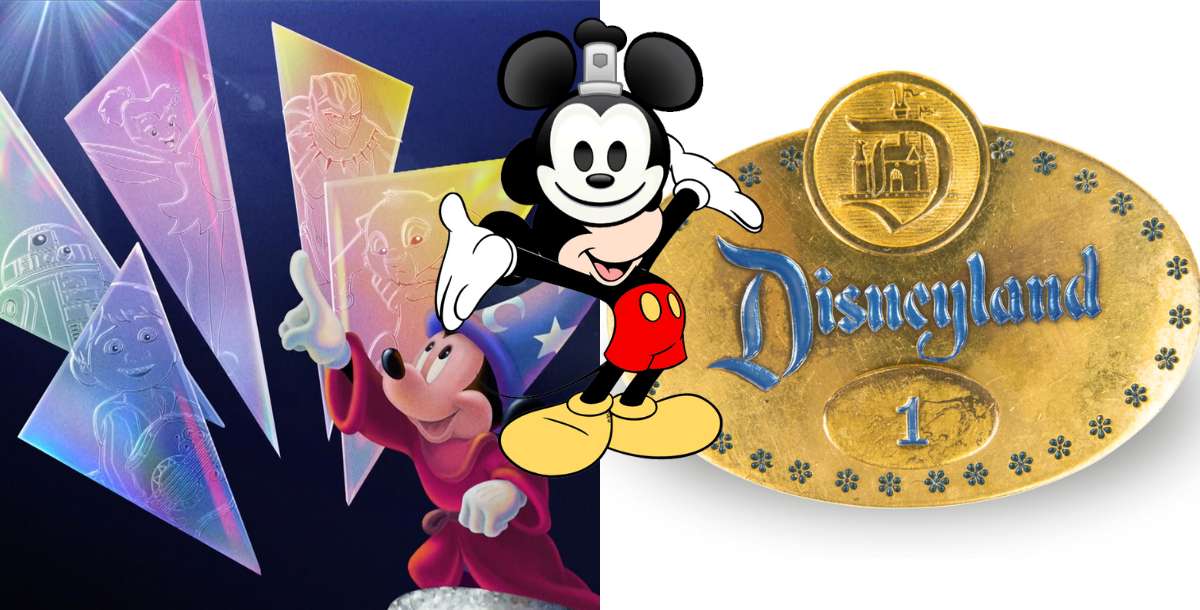Mickey Mouse poses proudly in front of a Disneyland badge, surrounded by vibrant bursts of color and beloved Disney characters, marking the excitement of the Disney100 Years of Wonder celebration.