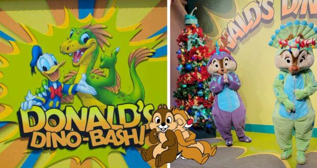 Donald Duck shares the spotlight with a dinosaur on a colorful event poster, as Chip and Dale, sporting festive holiday attire and fun dinosaur costumes, delight guests by the Christmas tree at Disney Parks.