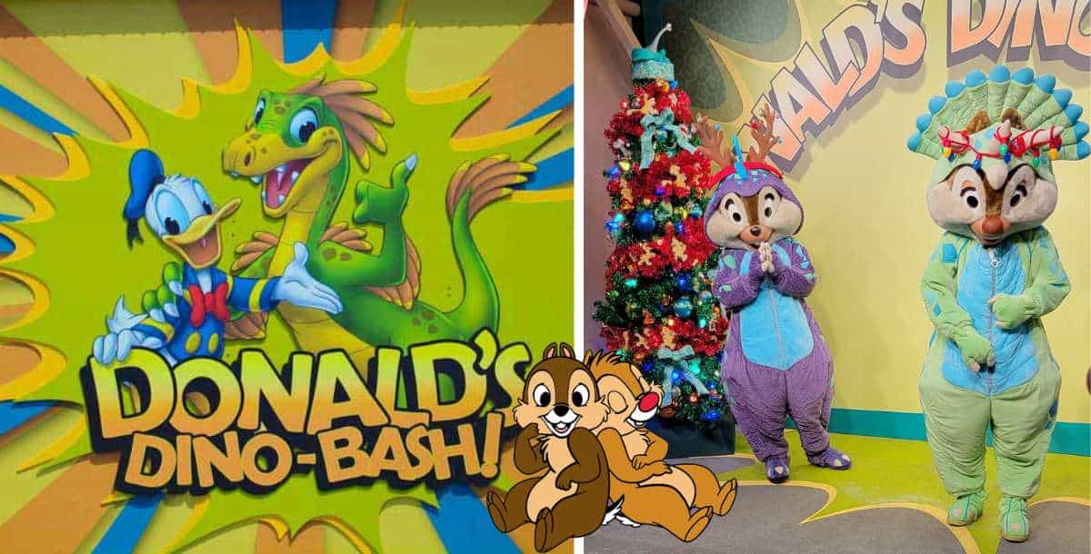 Donald Duck shares the spotlight with a dinosaur on a colorful event poster, as Chip and Dale, sporting festive holiday attire and fun dinosaur costumes, delight guests by the Christmas tree at Disney Parks.
