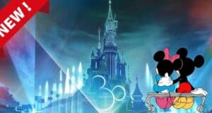 Mickey and Minnie relax on a bench, gazing at the dazzlingly illuminated Sleeping Beauty Castle, while "NEW!" and a giant "30" celebrate Disneyland Paris’ unforgettable D-Light spectacular.