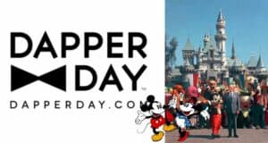 Dapper Day logo alongside Mickey and Minnie Mouse, with guests dressed in vintage-inspired outfits posing by Sleeping Beauty Castle at Disneyland, celebrating the fashionable flair of Dapper Day.