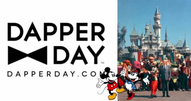 Dapper Day logo alongside Mickey and Minnie Mouse, with guests dressed in vintage-inspired outfits posing by Sleeping Beauty Castle at Disneyland, celebrating the fashionable flair of Dapper Day.