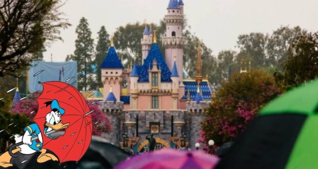 Donald Duck stands by the iconic Disney castle, brightly smiling under a red umbrella as fellow guests’ colorful umbrellas fill the rainy scene in front.