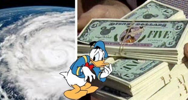 Donald Duck poses beside piles of Disney Dollars, with a satellite view of Hurricane Ian in the background, drawing attention to the financial impact on Disney parks and resorts.