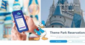 A guest holding a smartphone featuring the Disney Genie app, highlighting park reservations and ticket prices, with Cinderella Castle in the background and Donald Duck beside the phone.