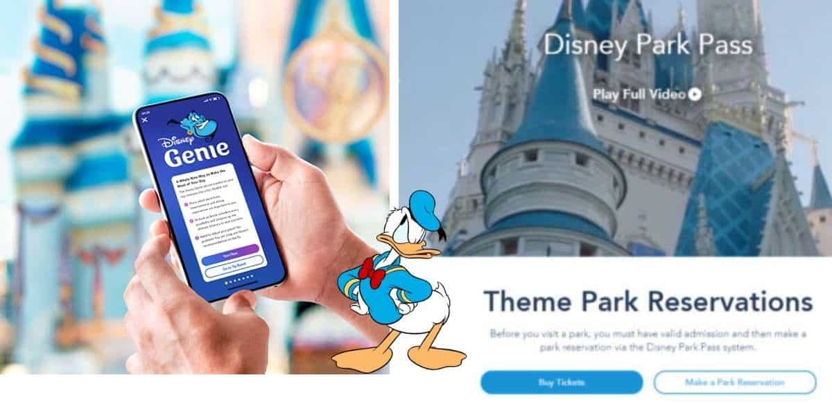 A guest holding a smartphone featuring the Disney Genie app, highlighting park reservations and ticket prices, with Cinderella Castle in the background and Donald Duck beside the phone.