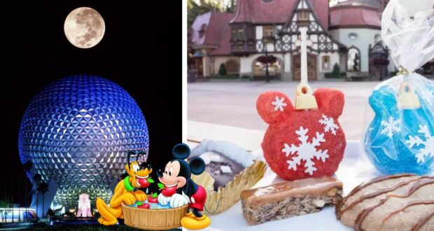 Epcot illuminated under a glowing full moon, featuring festive Disney Werther's holiday caramel treats and beloved characters Mickey Mouse and Pluto unwinding together in a steamy hot tub.