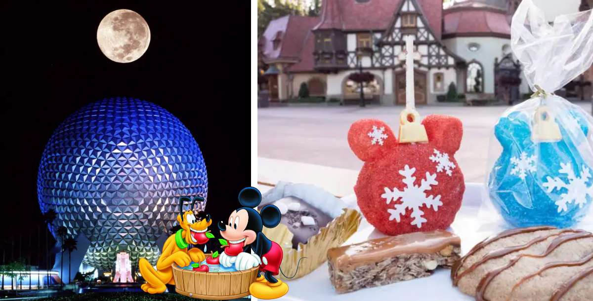 Epcot illuminated under a glowing full moon, featuring festive Disney Werther's holiday caramel treats and beloved characters Mickey Mouse and Pluto unwinding together in a steamy hot tub.