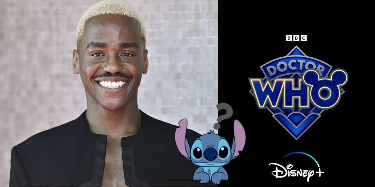 A grinning Doctor Who actor, the iconic Doctor Who logo merged with the Disney+ emblem, and cartoon Stitch puzzling with a question mark pop against a black background, capturing theme park fans’ anticipation for Disney+ bringing Doctor Who magic to their screens.
