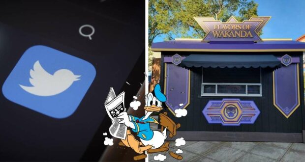 Twitter app icon, Donald Duck enjoying a newspaper, and the Flavors of Wakanda food booth at Disney California Adventure during the Flavors of Wakanda Festival of Holidays.