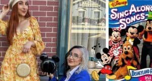 Guests dressed in vintage-inspired attire strike a pose against a brick wall, channeling Disney Dapper Day style. Beside them, a nostalgic Disney "Sing-Along Songs" VHS cover showcases beloved Disney characters for fans of classic park entertainment.