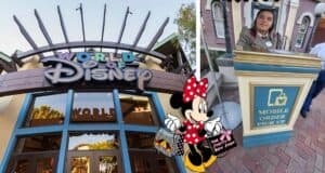 The iconic World of Disney store entrance greets guests, as Minnie Mouse browses through shelves of magical Disney merchandise, with a convenient mobile order pick-up stand ready for park-goers at Disneyland.