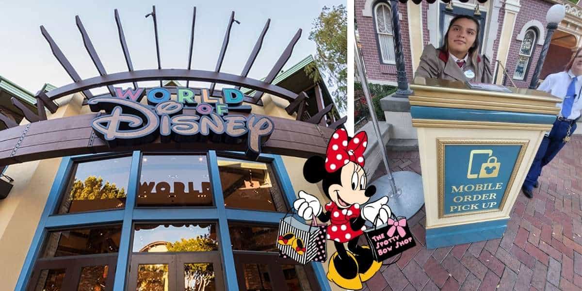 The iconic World of Disney store entrance greets guests, as Minnie Mouse browses through shelves of magical Disney merchandise, with a convenient mobile order pick-up stand ready for park-goers at Disneyland.