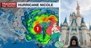 Weather map tracking Hurricane Nicole off the coast of Florida, with Disney World icons like Ariel and Cinderella Castle highlighted as the storm moves toward Orlando’s famous theme park destination.