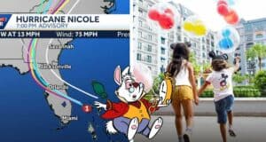 On the left, Hurricane Nicole’s projected path appears on a map; on the right, smiling kids with colorful balloons join Mickey Mouse at Disney World, showcasing the park’s magical atmosphere even in the face of Hurricane Nicole.