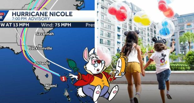 On the left, Hurricane Nicole’s projected path appears on a map; on the right, smiling kids with colorful balloons join Mickey Mouse at Disney World, showcasing the park’s magical atmosphere even in the face of Hurricane Nicole.