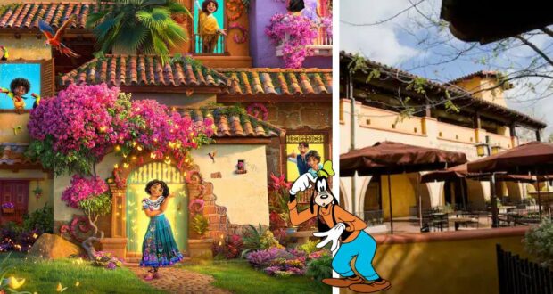 A vibrant Encanto-inspired house adorned with colorful flowers sits beside a real restaurant building decorated with umbrellas, capturing the festive atmosphere of a Disney park; Mirabel from Encanto greets guests out front.