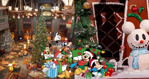 Step into the magical world of Disney with a hotel lobby decked out for the holidays, featuring a towering Christmas tree, favorite Disney characters greeting guests, a whimsical Mickey Mouse snowman, and an elaborate gingerbread display inspired by classic Disney enchantment.
