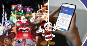 At Disney World, Santa Claus glides through the park in a glittering holiday sleigh as Mickey Mouse, decked out in his own Santa suit, spreads cheer to thrilled guests. Up front, visitors snap photos of the scene and track their spot in the festivities using the virtual queue app on their phones—blending Disney magic with seamlessly innovative technology for an unforgettable holiday experience.