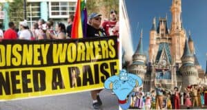 Cast Members rally at Disney World, carrying a bold "DISNEY WORKERS NEED A RAISE" banner in front of Cinderella Castle, while Genie makes an appearance on the right.