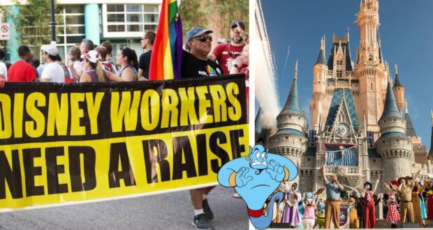 Cast Members rally at Disney World, carrying a bold "DISNEY WORKERS NEED A RAISE" banner in front of Cinderella Castle, while Genie makes an appearance on the right.