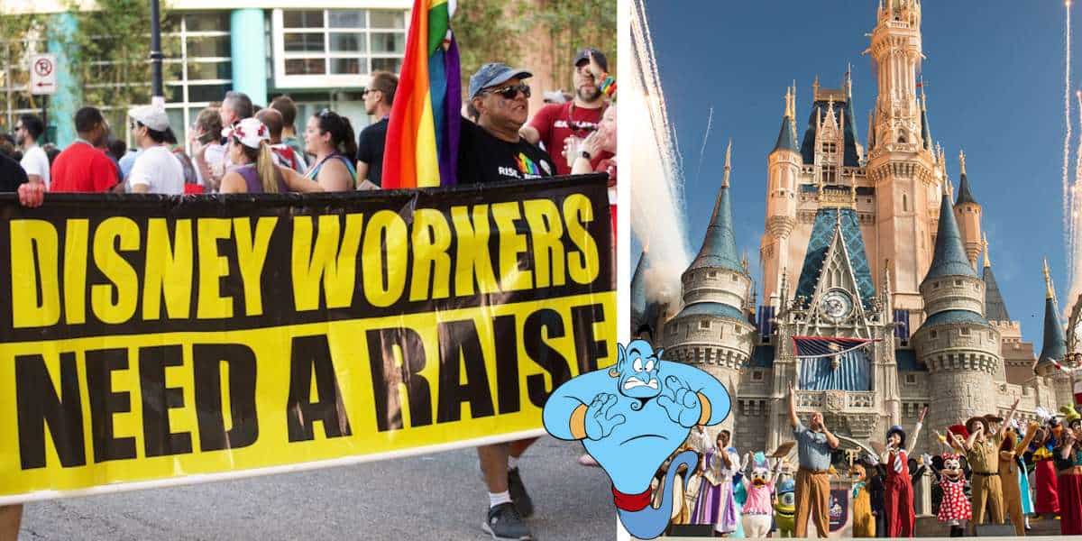 Cast Members rally at Disney World, carrying a bold "DISNEY WORKERS NEED A RAISE" banner in front of Cinderella Castle, while Genie makes an appearance on the right.