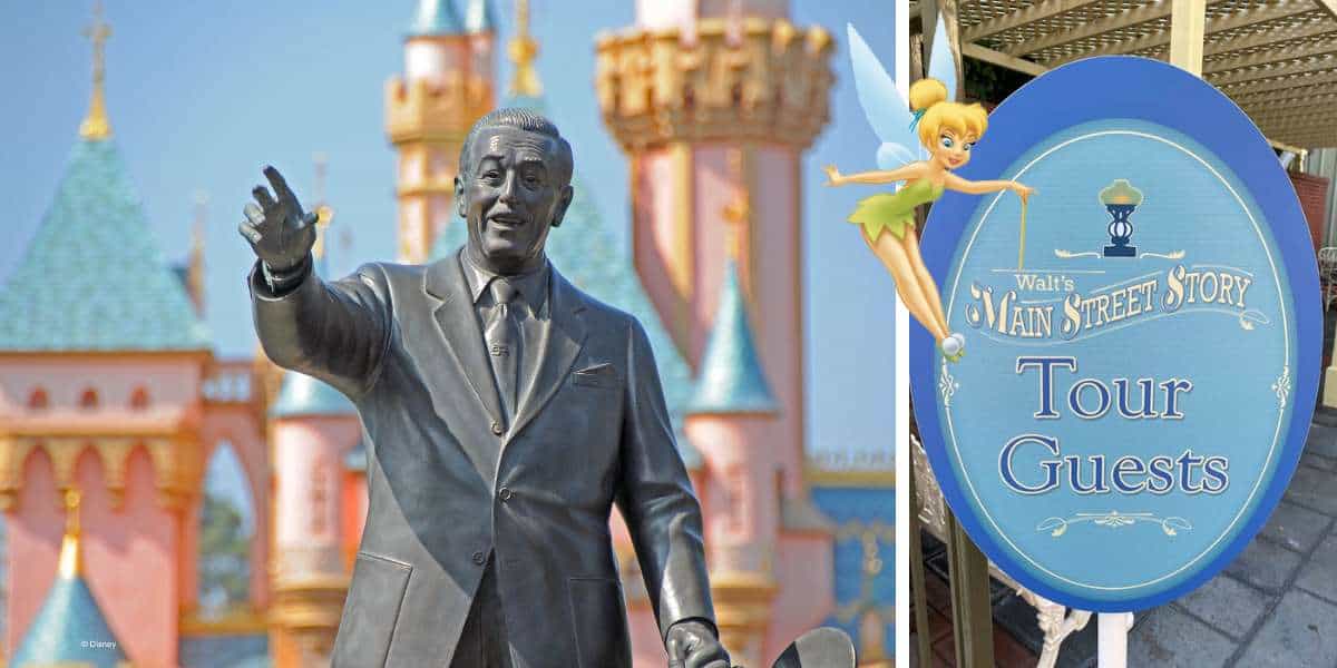 The Partners statue in front of Sleeping Beauty Castle, with a whimsical Tinker Bell sign welcoming Walt's Main Street Story Tour Guests.