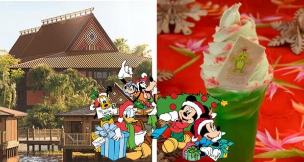 Mickey, Minnie, and friends dressed in festive Christmas outfits celebrate the holidays at a sun-soaked Disney resort, with a bright green Dole Whip-inspired holiday treat topped with a playful Disney character decoration.