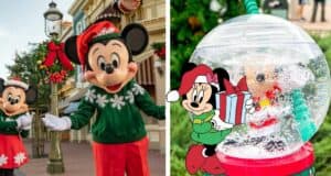 Mickey and Minnie celebrate the holidays at the park in their festive Christmas outfits, with Minnie holding a gift beside a limited-edition Mickey Mouse snow globe sipper.