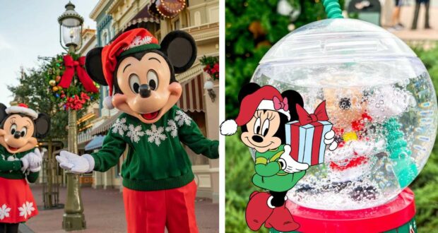 Mickey and Minnie celebrate the holidays at the park in their festive Christmas outfits, with Minnie holding a gift beside a limited-edition Mickey Mouse snow globe sipper.