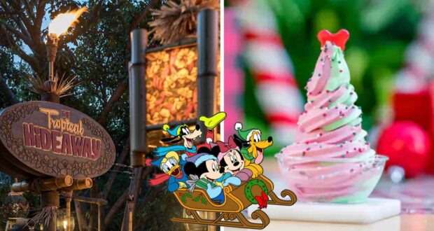 Celebrate the holidays at Disneyland’s Tropical Hideaway, featuring beloved Disney characters riding in a festive sleigh and eye-catching red and green swirled soft-serve Dole Whip—perfect for fans seeking a magical seasonal treat.