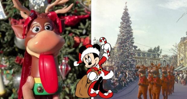 A festive scene at Disney World features a hand holding the playful Disney Reindeer Parade Sipper, with Minnie Mouse and reindeer dancing along in the background as part of the magical Christmas parade.