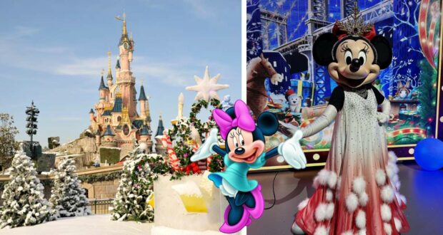 Sleeping Beauty Castle dusted with snow and surrounded by glittering winter trees, with Minnie Mouse in her sparkling holiday outfit welcoming guests amid festive decorations.