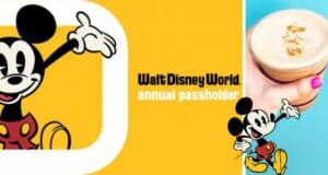 Mickey Mouse featured in latte art on a coffee cup held by a hand, with Walt Disney World Annual Passholder text and the Joffrey’s Coffee Passholder logo, perfect for Disney fans enjoying their park perk.