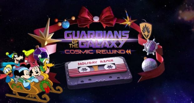 Experience the excitement of the Cosmic Rewind Holiday Remix at EPCOT! Mickey, Minnie, Goofy, and Donald soar in a festive sleigh, celebrating Guardians of the Galaxy: Cosmic Rewind during this exclusive holiday event for Disney Parks fans.