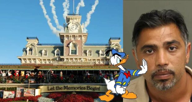 Donald stops a man in front of the magic kingdom gates