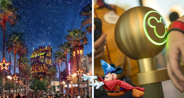 Disney park guests gather under vibrant lights, with a fan tapping their MagicBand on a Mickey-shaped touchpoint—soaking in the thrilling vibe of Fantasmic and enjoying the exclusive benefits of being an Annual Passholder.