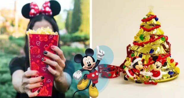 A Disney fan shows off a festive holiday popcorn bucket, while nearby a sparkling gold Christmas tree is decked out with Mickey and Minnie Mouse ornaments, capturing the magic of the season at the parks.
