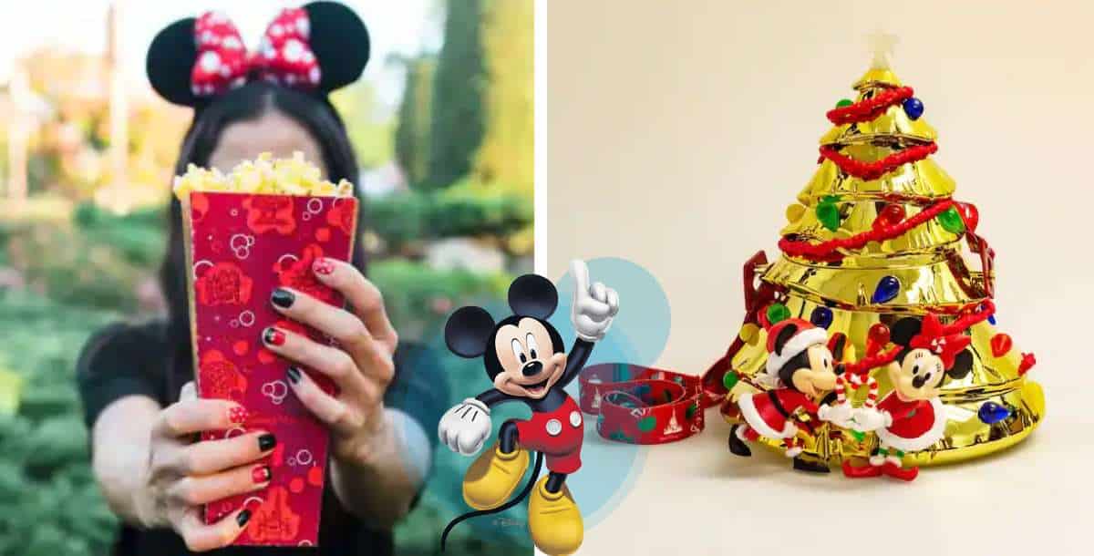 A Disney fan shows off a festive holiday popcorn bucket, while nearby a sparkling gold Christmas tree is decked out with Mickey and Minnie Mouse ornaments, capturing the magic of the season at the parks.
