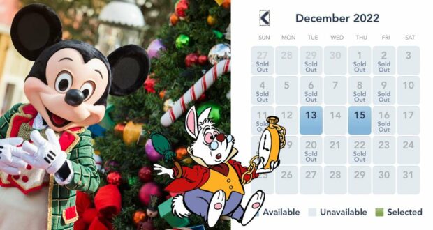 Mickey Mouse welcomes guests beside a festive Christmas tree and a December 2022 calendar at Disney World, displaying highlighted, sold out, and available dates for Mickey’s Very Merry Christmas Party.
