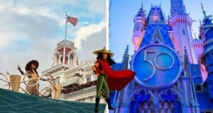 A vibrant Walt Disney World parade float featuring Raya and a beloved animated sidekick rolls past Cinderella Castle adorned with a golden "50" emblem, spreading excitement during the park’s 50th anniversary celebration.