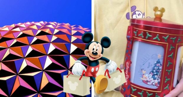 Spaceship Earth’s iconic geometric dome rises in the background as Mickey Mouse strolls with shopping bags, while nearby, guests show off a festive Disney holiday popcorn bucket tin.