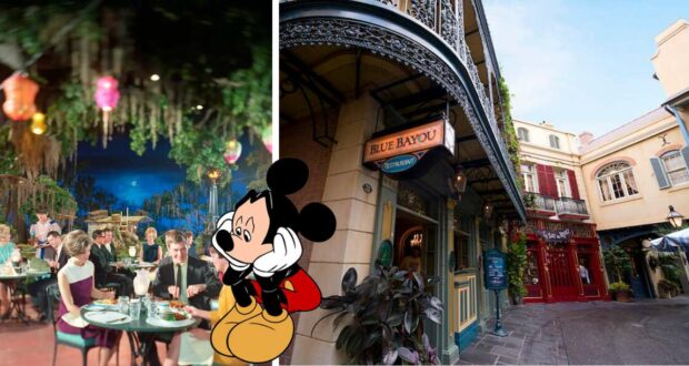 Mickey Mouse greets guests inside Blue Bayou Restaurant at Disneyland, taking in the lively atmosphere, checking out the Disney park menu, and enjoying views of the restaurant’s iconic exterior.